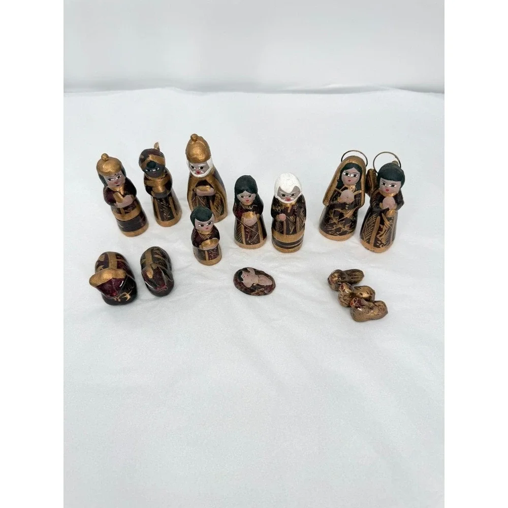 Nativity Scene Set VTG Hand Painted Wood Gold Burgundy Folk Art Tonala 12 Piece